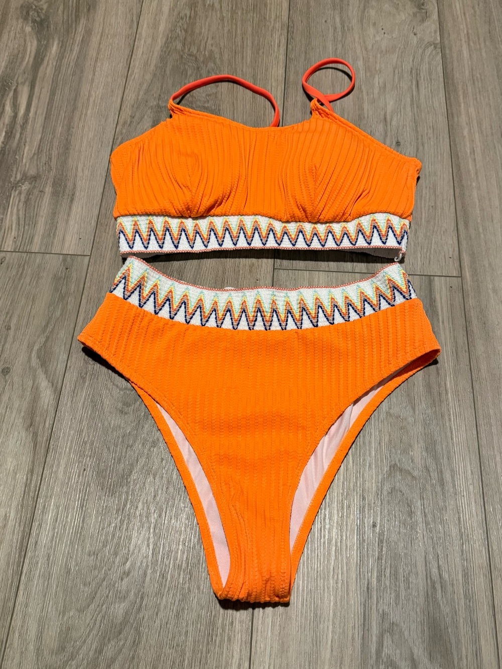 High-Waist Orange Textured Bikini Set with Zigzag Trim